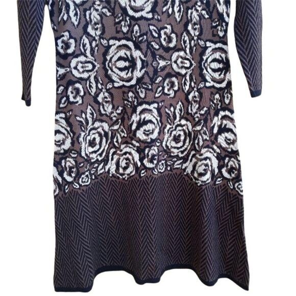 Nine West Knit Long Sleeve Scoop Neck Aline Sweater Dress Herringbone Rosette S - Picture 7 of 11